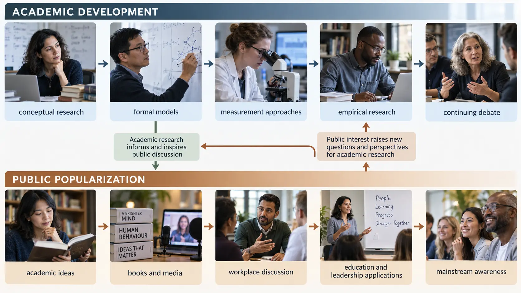 Parallel tracks showing academic emotional intelligence research and public popularization