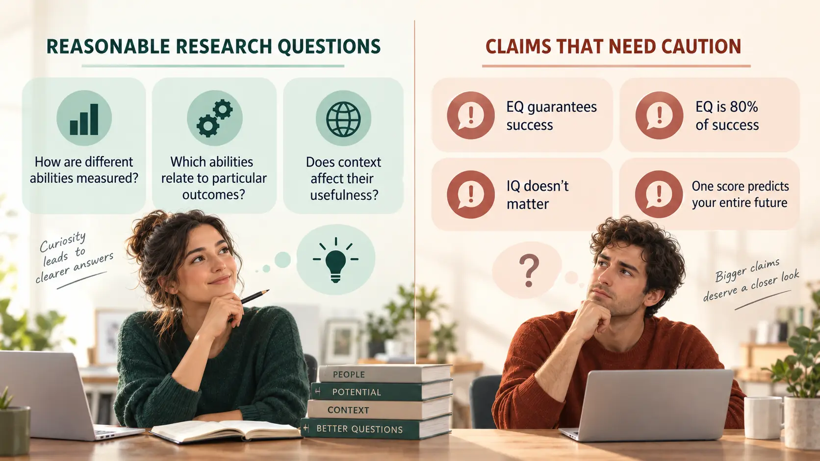 Evidence check separating research questions about EQ and IQ from exaggerated claims