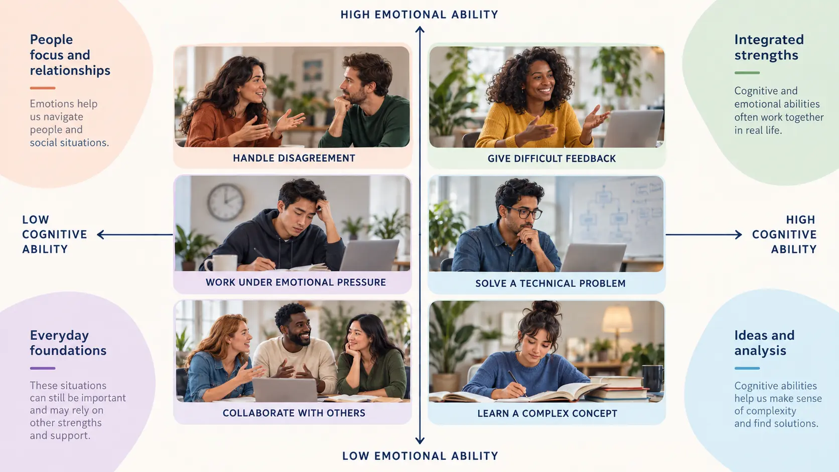 Map showing how cognitive and emotional abilities contribute differently across real-world tasks