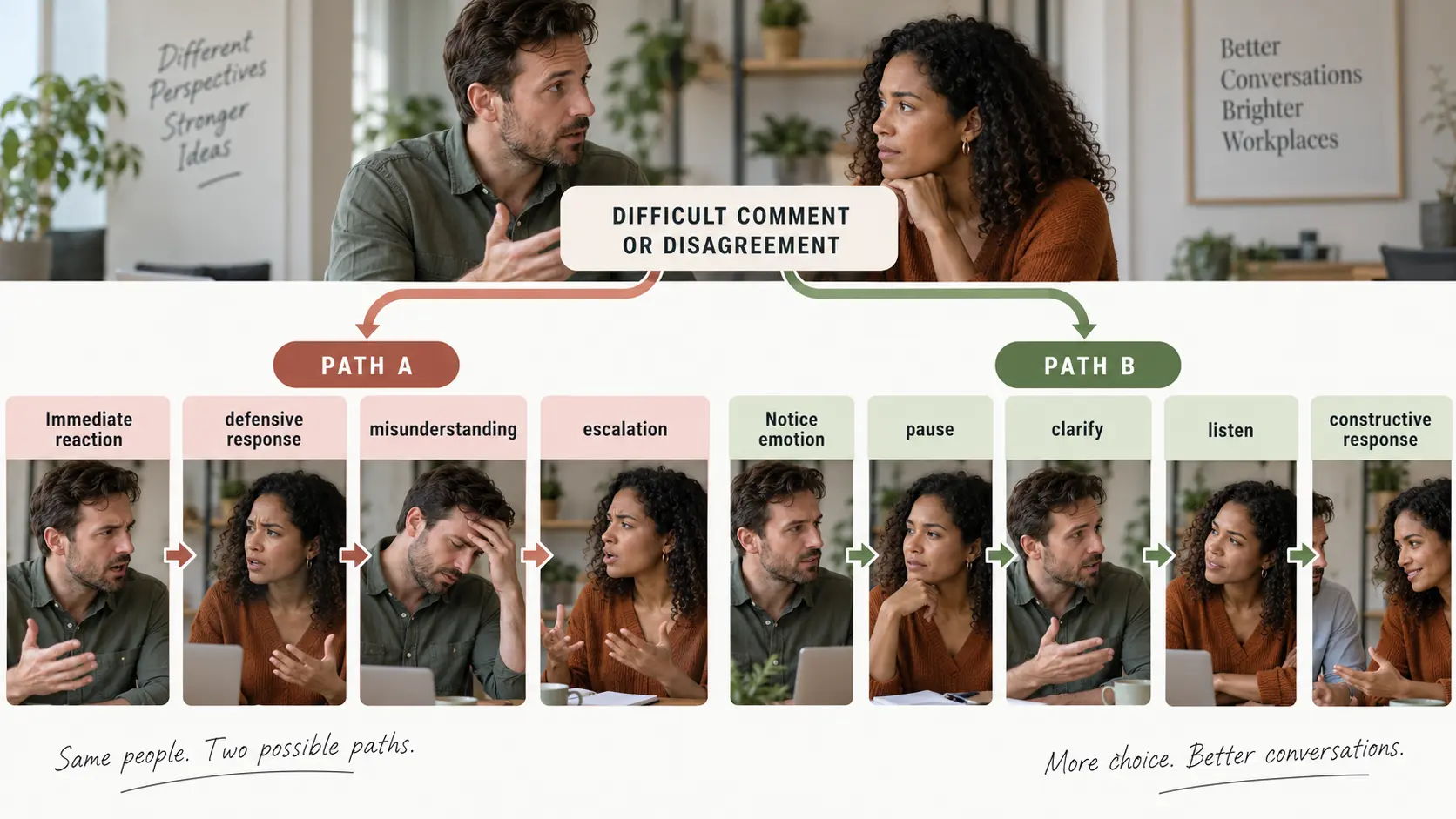 Two conversation paths showing automatic escalation versus a pause and constructive response