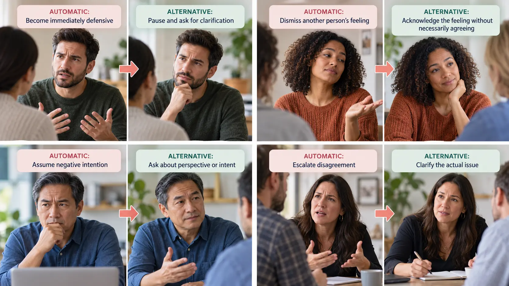 Examples of automatic emotional responses paired with more constructive alternatives