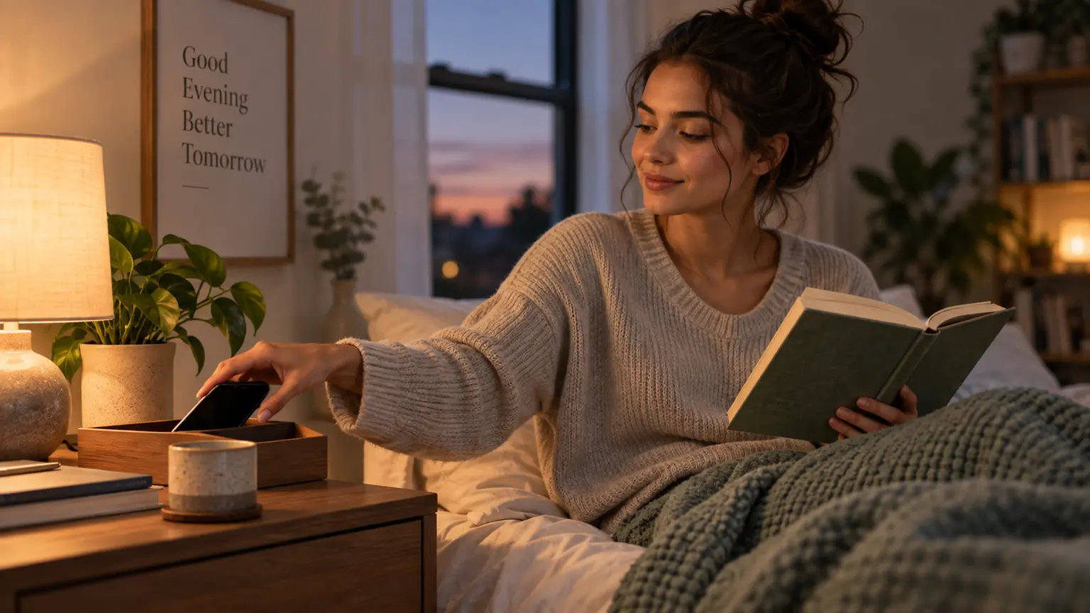Woman putting her phone into a box while holding a book beside a lamp