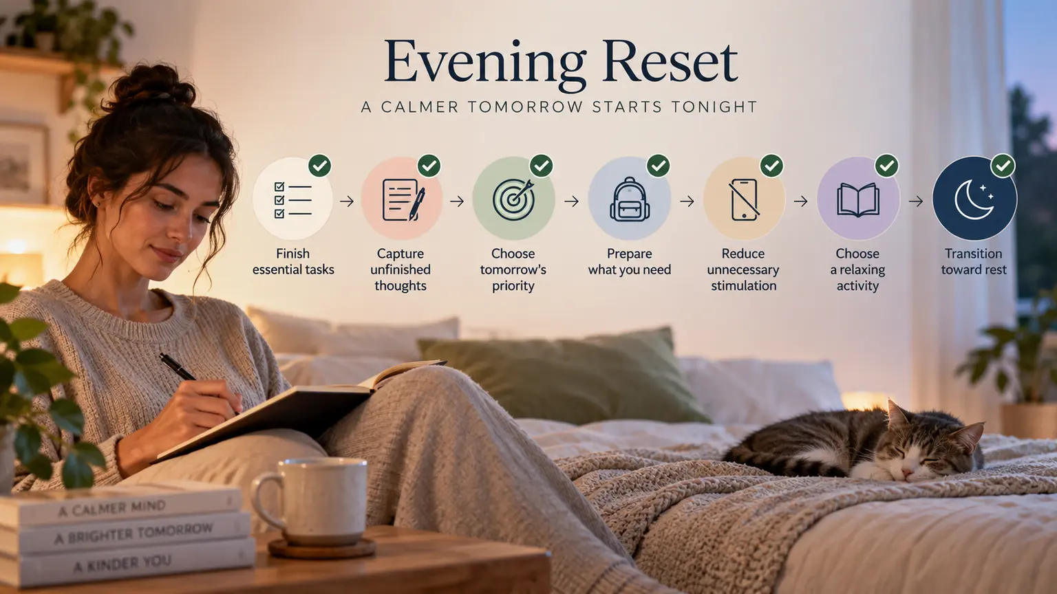 Evening checklist covering essential tasks, thoughts, priorities, preparation, stimulation and rest