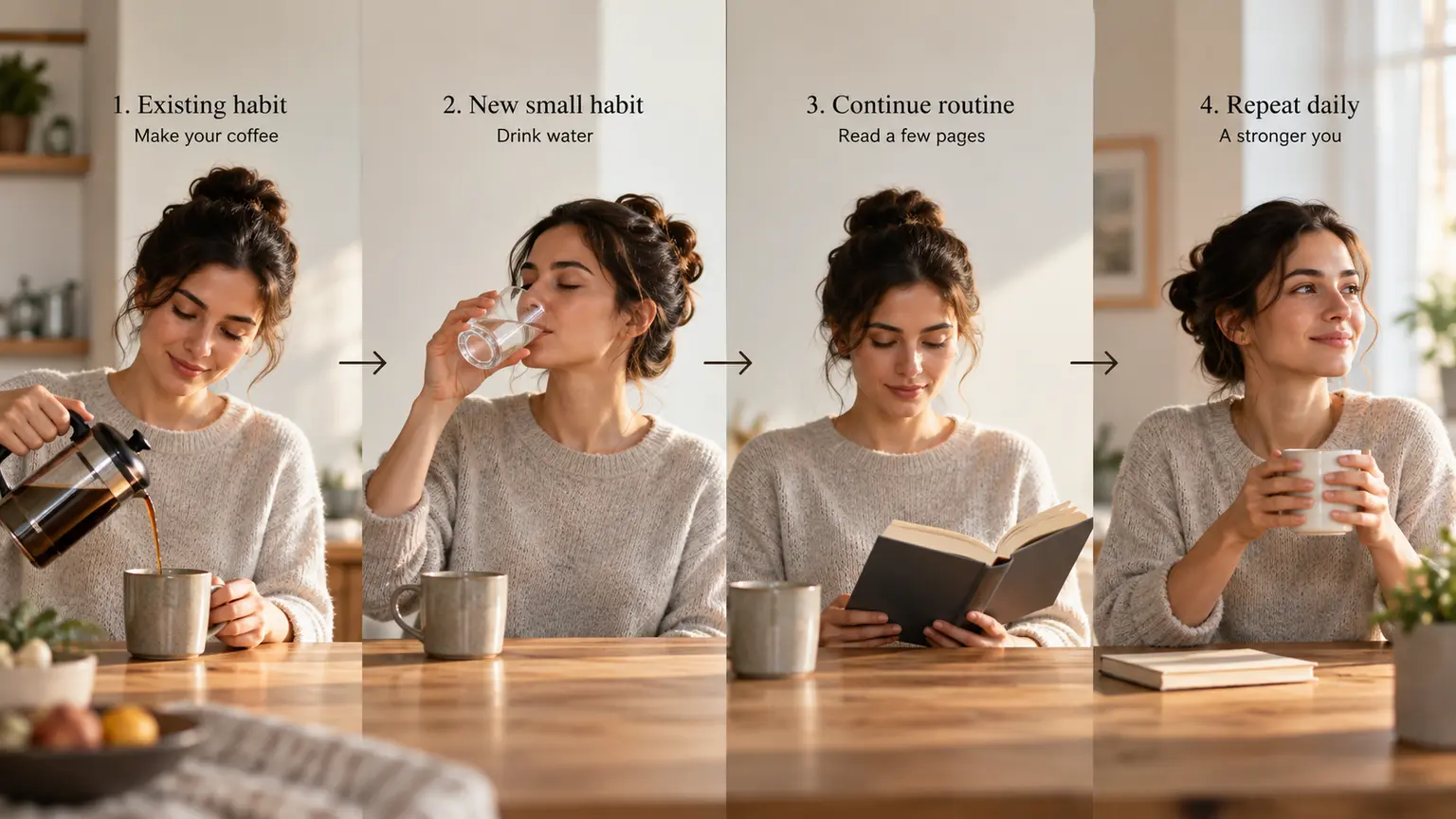 A sequence of making coffee, drinking water and reading a few pages