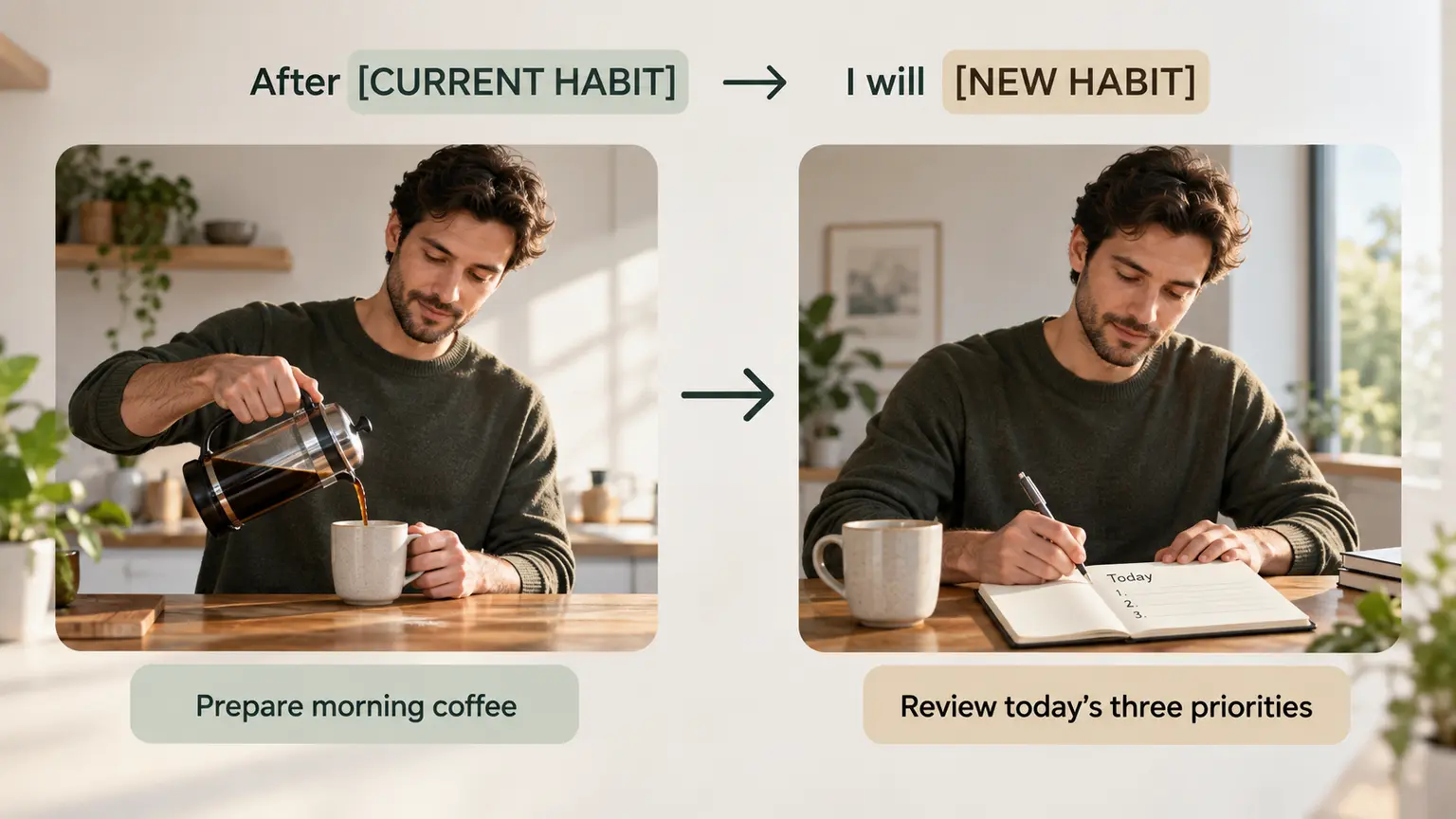 An existing habit cues a new habit: preparing coffee followed by reviewing priorities