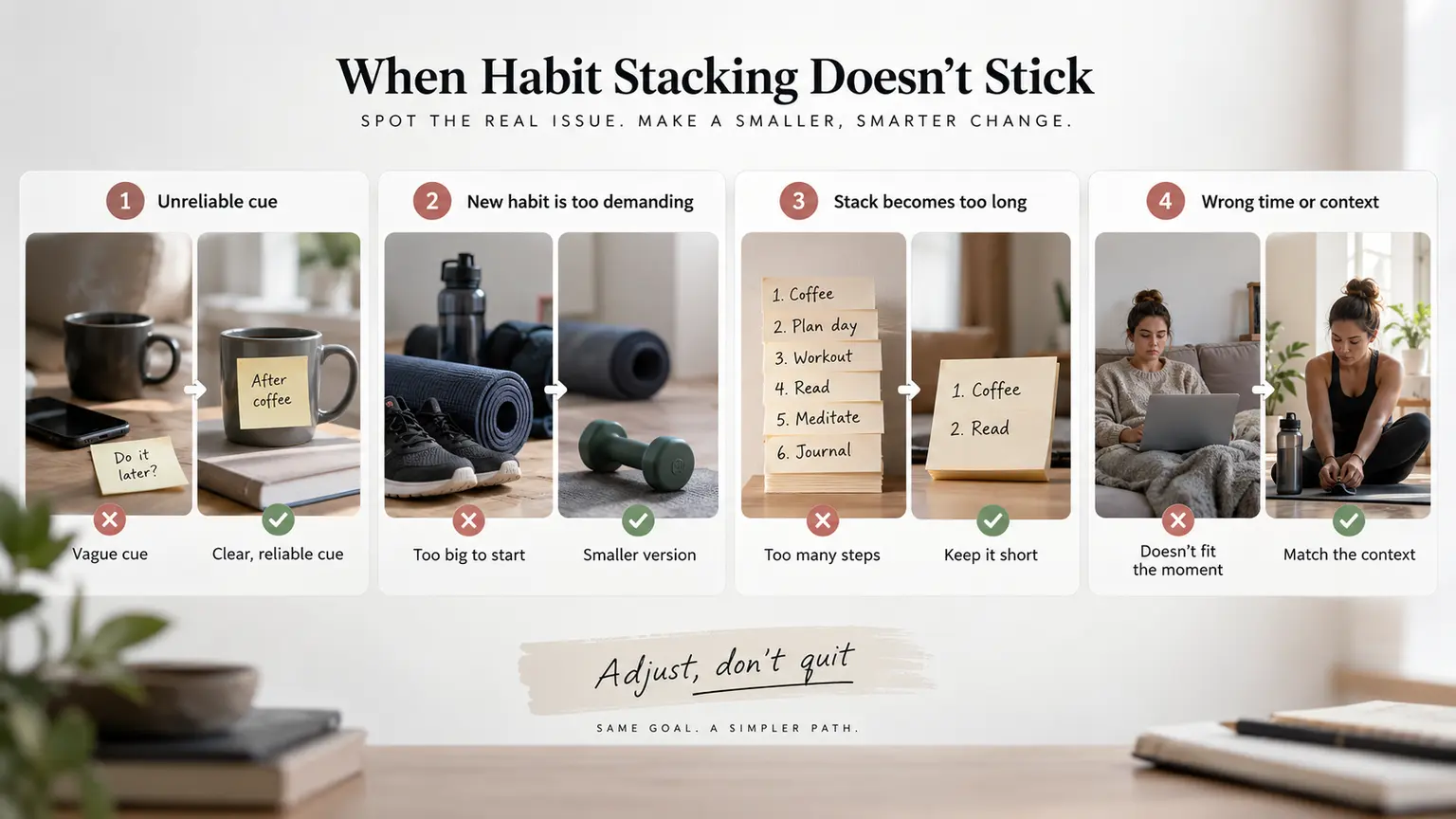 Habit stacking problems compared with clearer cues, smaller actions, shorter sequences and better timing
