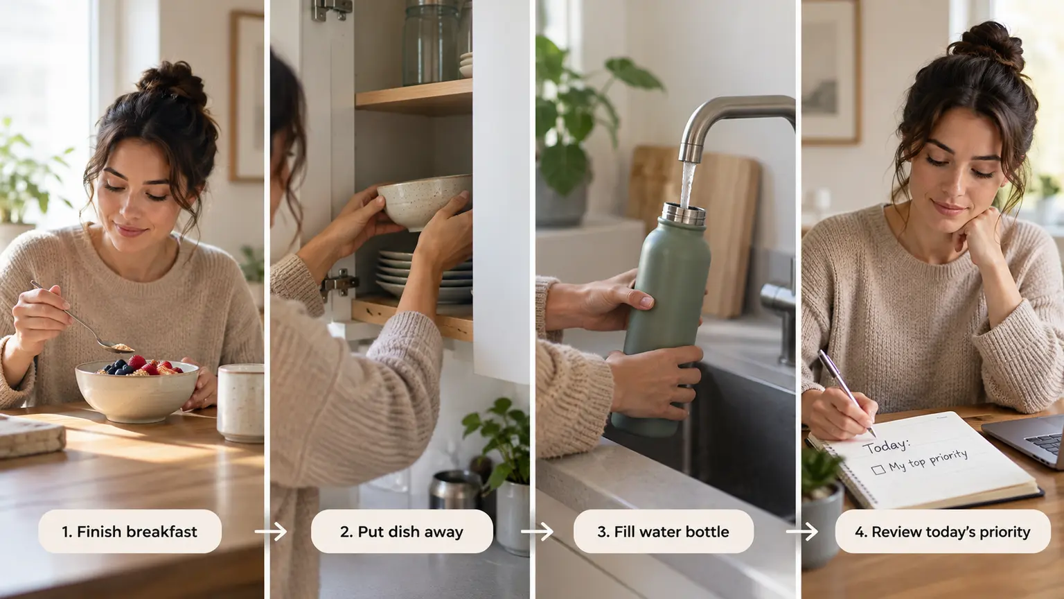 Finishing breakfast, putting away a dish, filling a water bottle and reviewing one priority