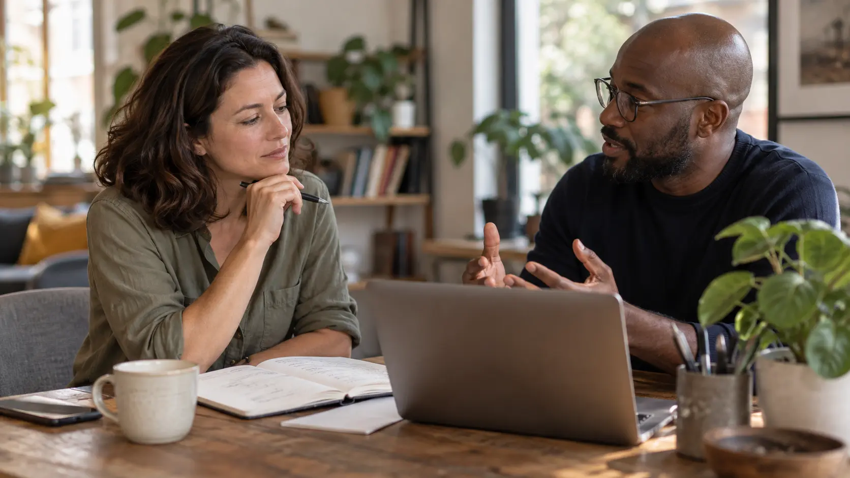 Man and woman discussing options beside a laptop and open notebook