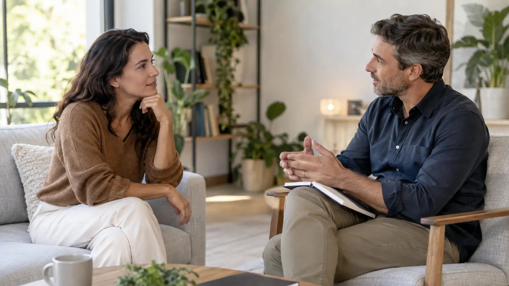 Two people having an introductory conversation in armchairs