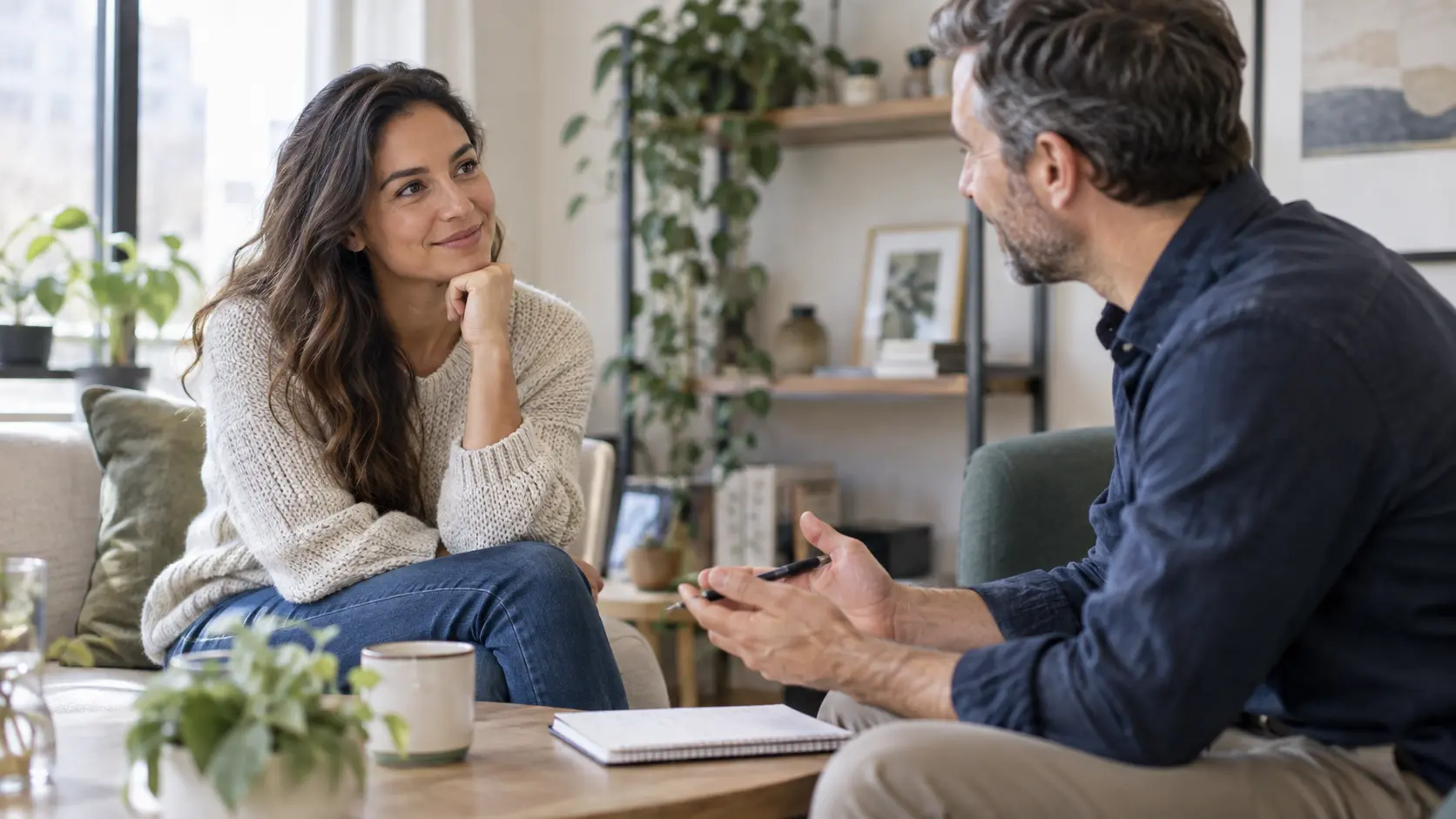 Man gesturing during a conversation with a woman seated opposite him