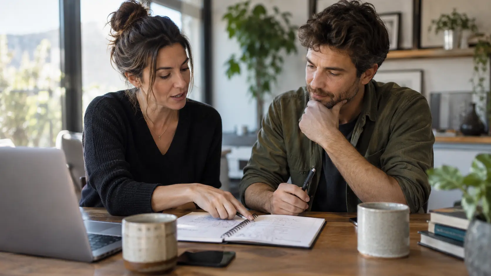 Two people reviewing handwritten notes beside a laptop at a table