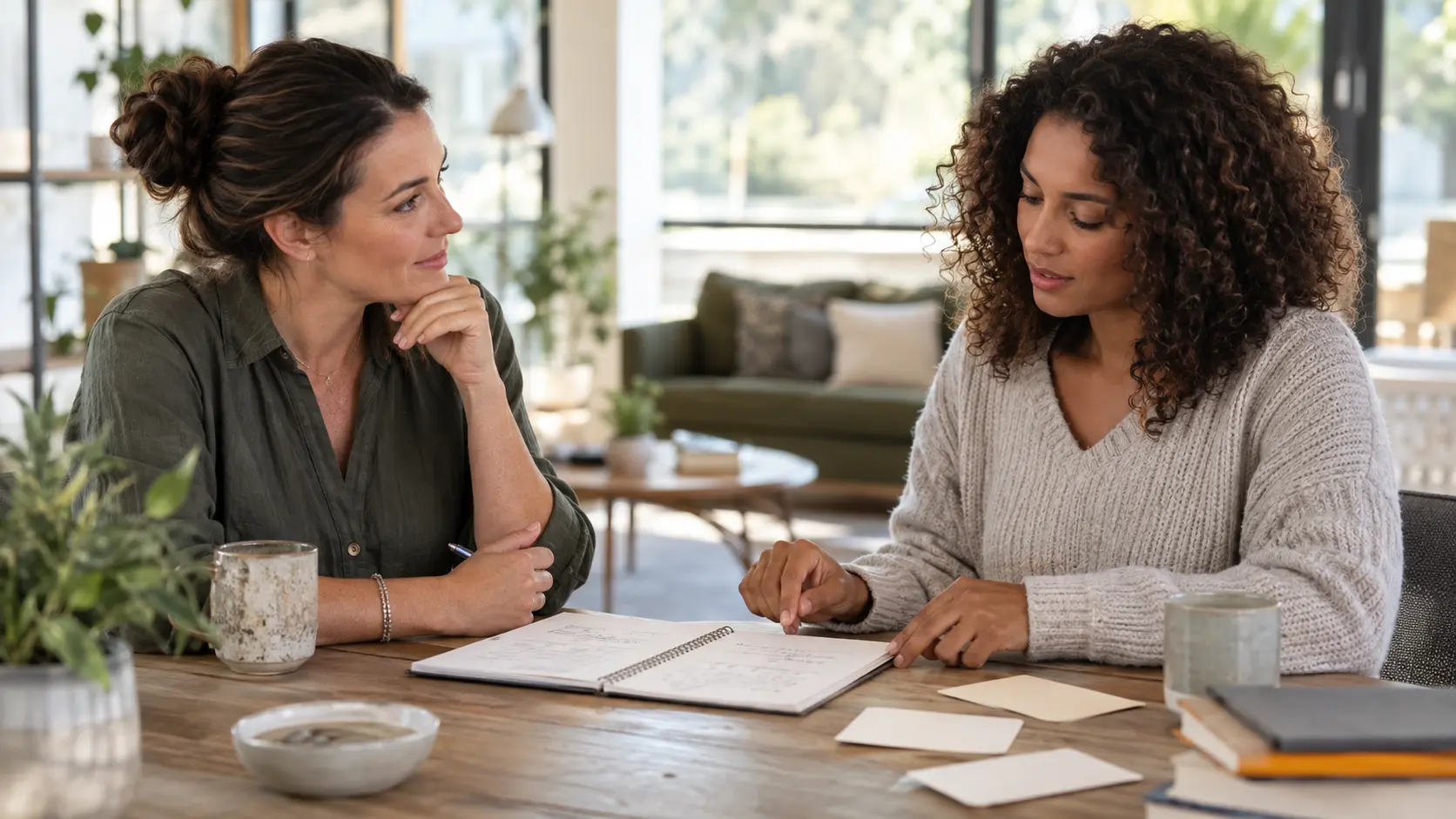 Life coach and client working through goals and practical action steps