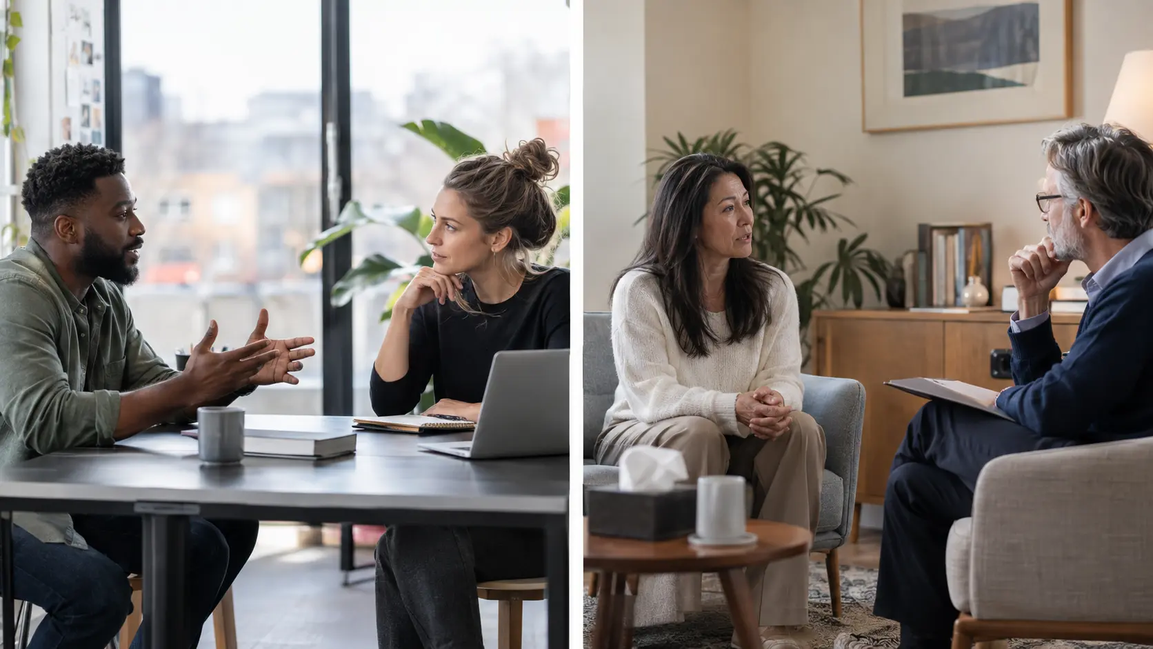 Two side-by-side scenes showing conversations at a desk and in armchairs