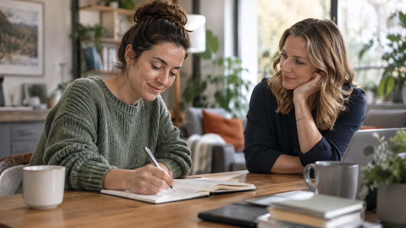 Woman writing in a notebook while another woman listens