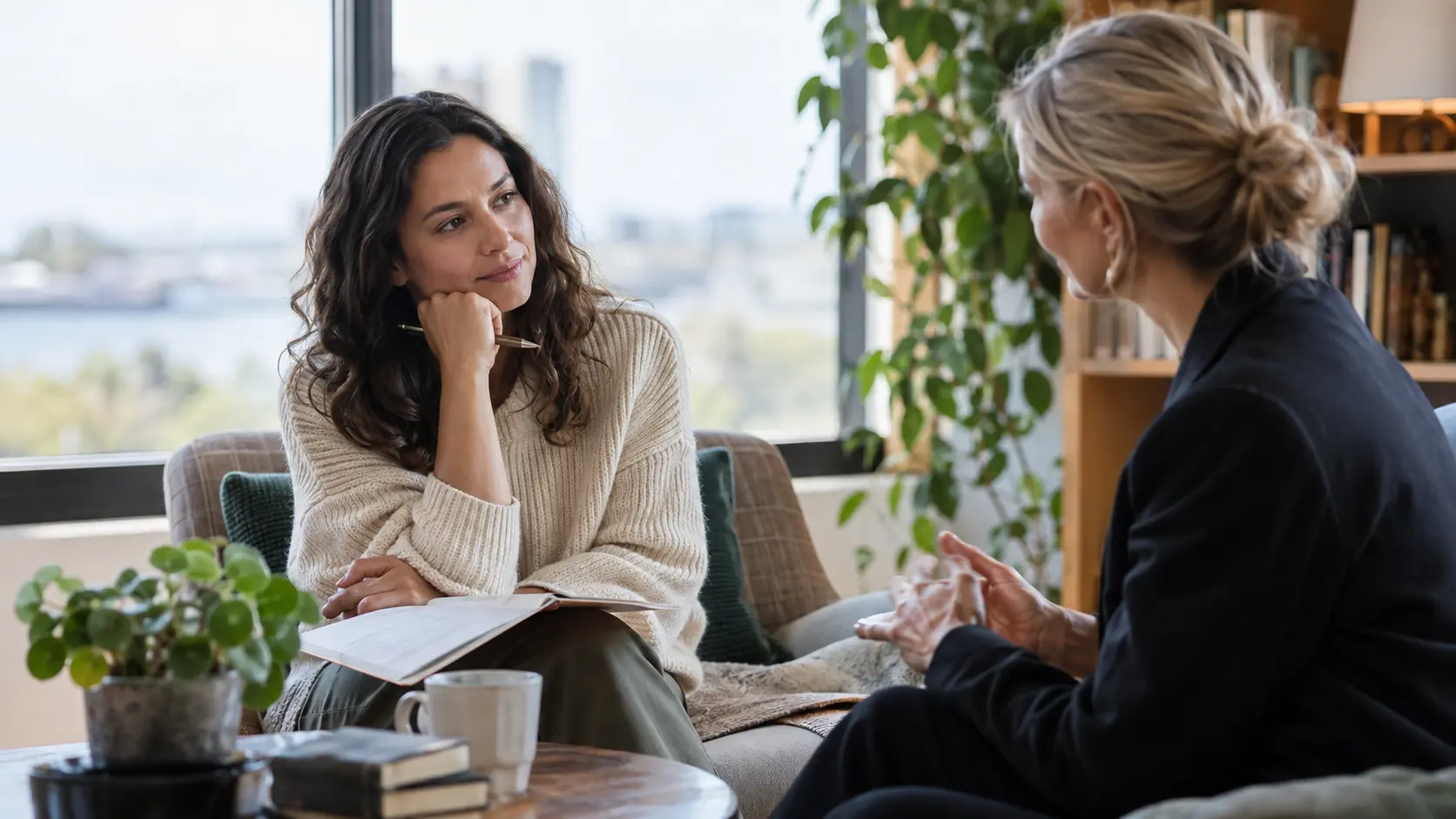 Two women talking in armchairs with an open notebook