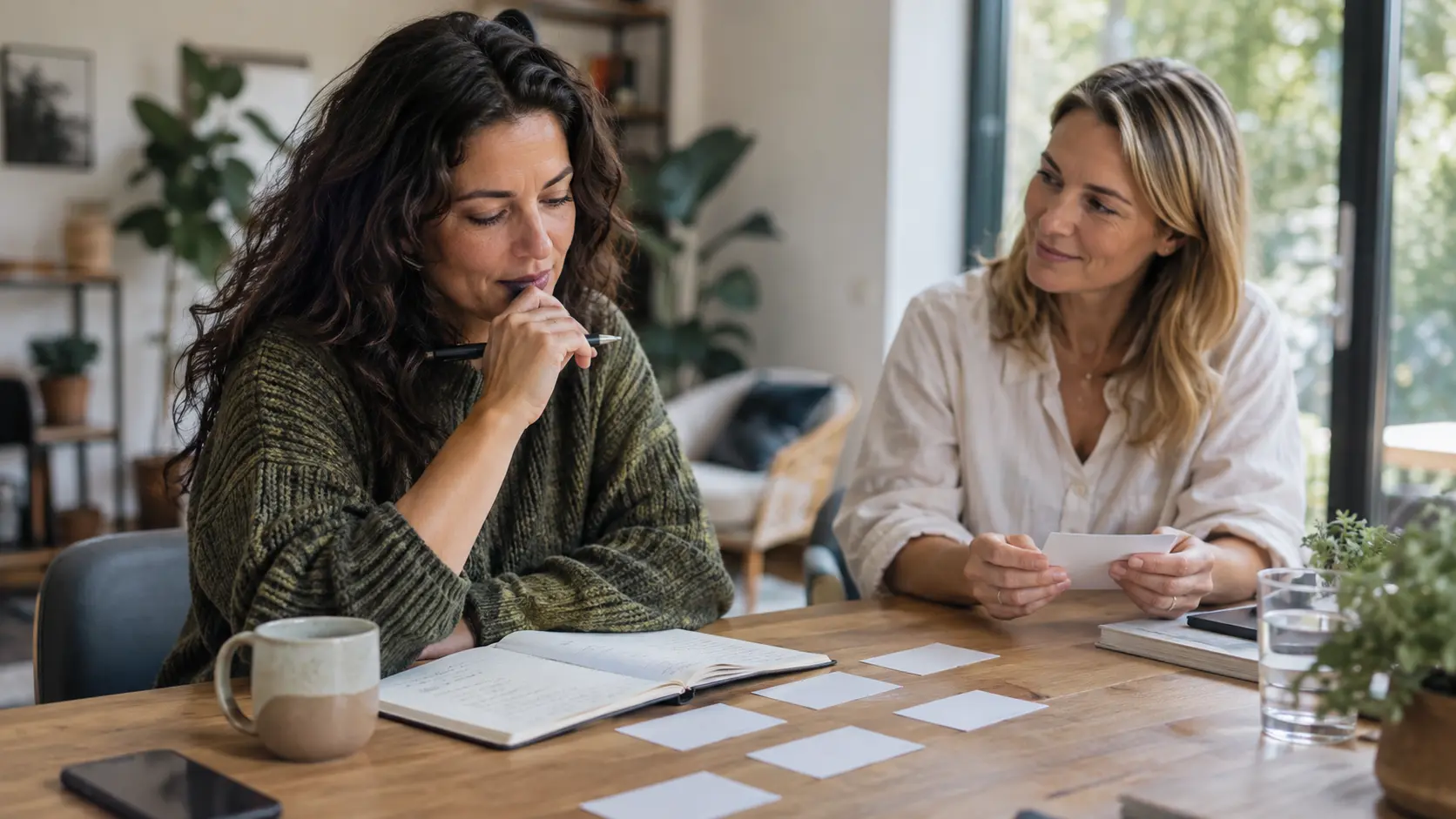 Two women reflecting over blank cards and a notebook at a table