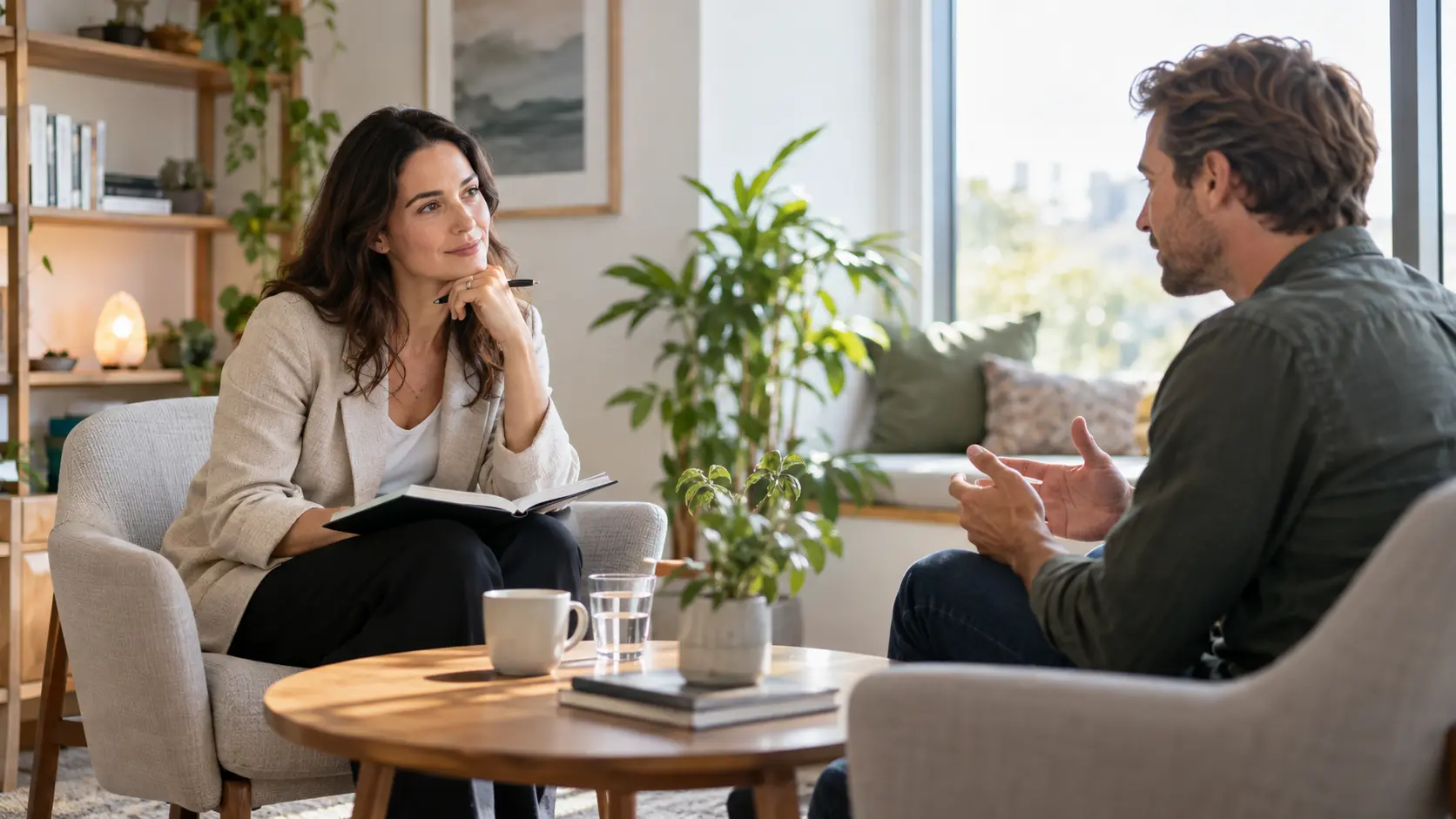 Woman with an open notebook listening to a man seated opposite her