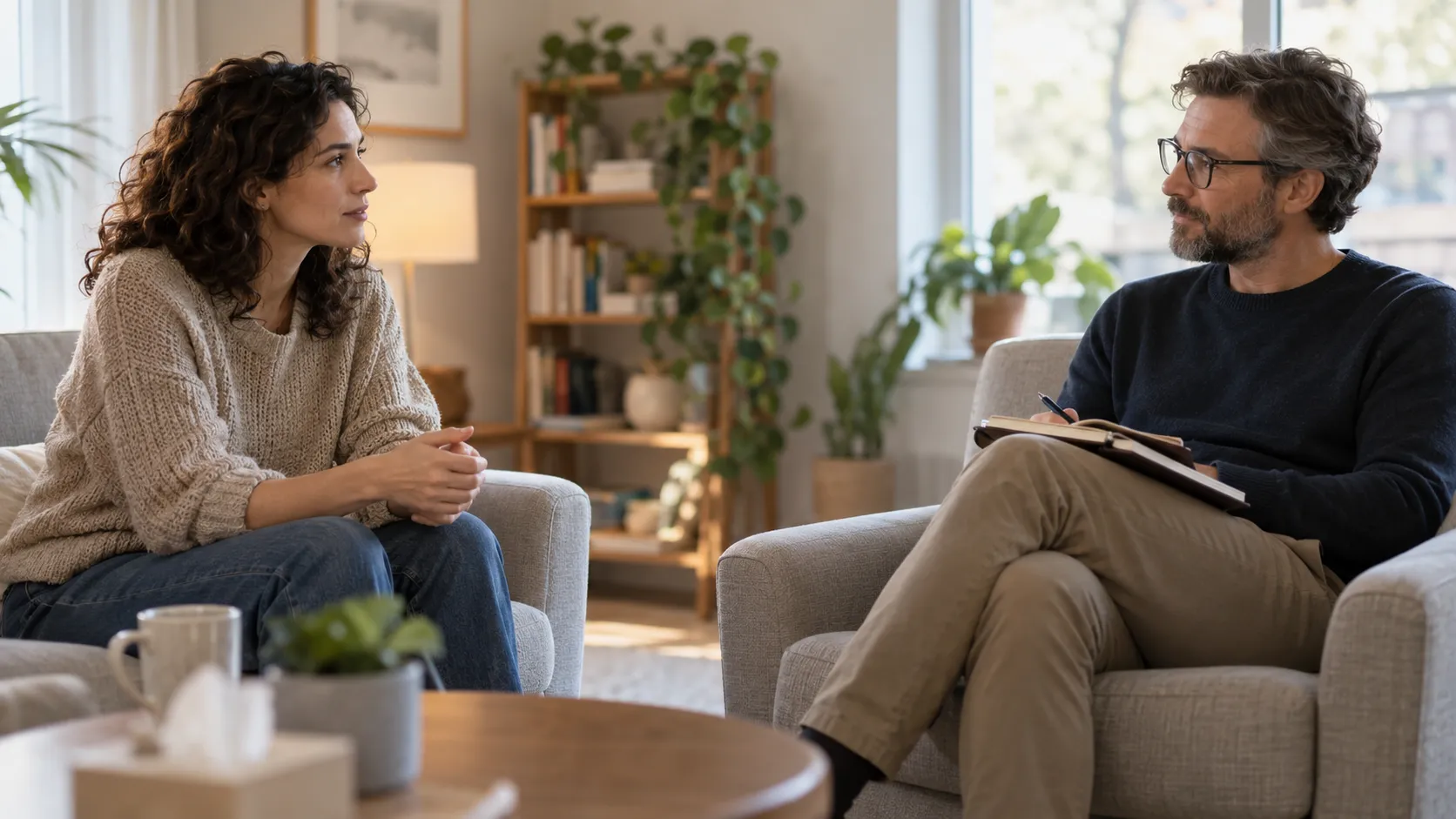 Woman speaking with a man who holds a pen and notebook