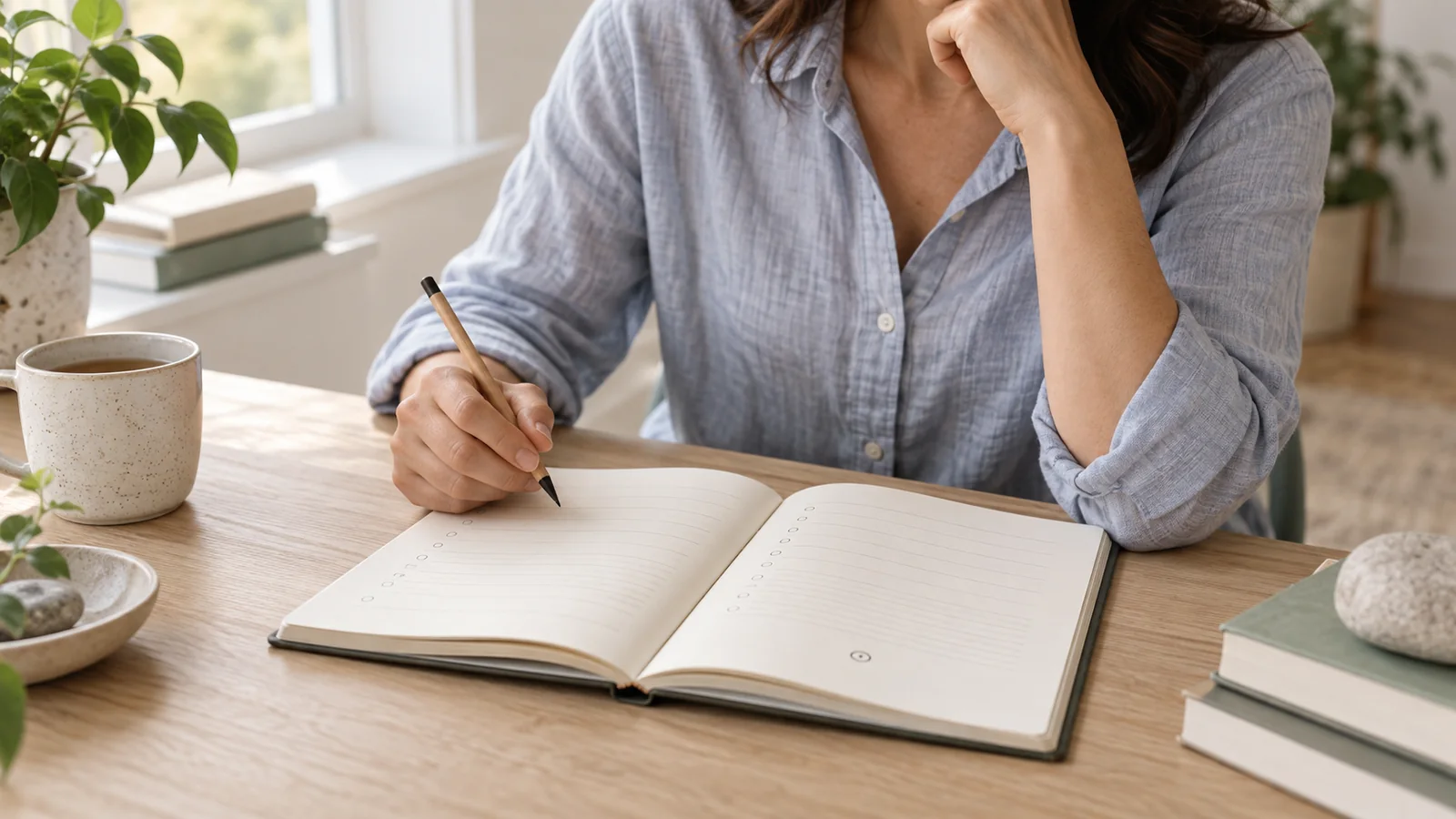 Person reflecting and answering self-assessment questions in a journal