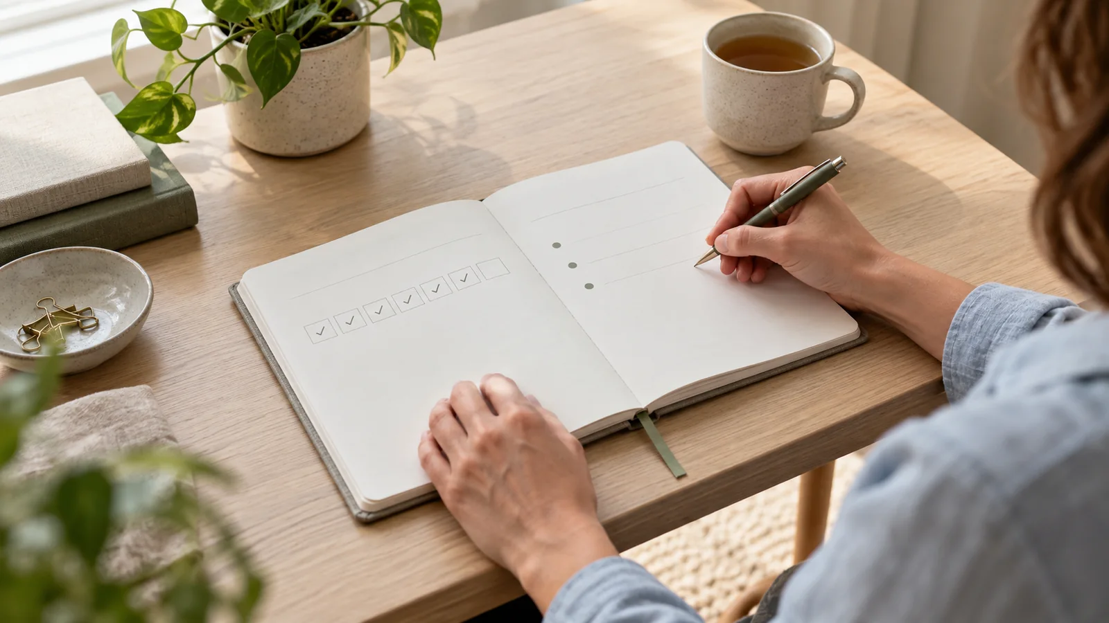 Person completing a weekly personal growth review in a planner