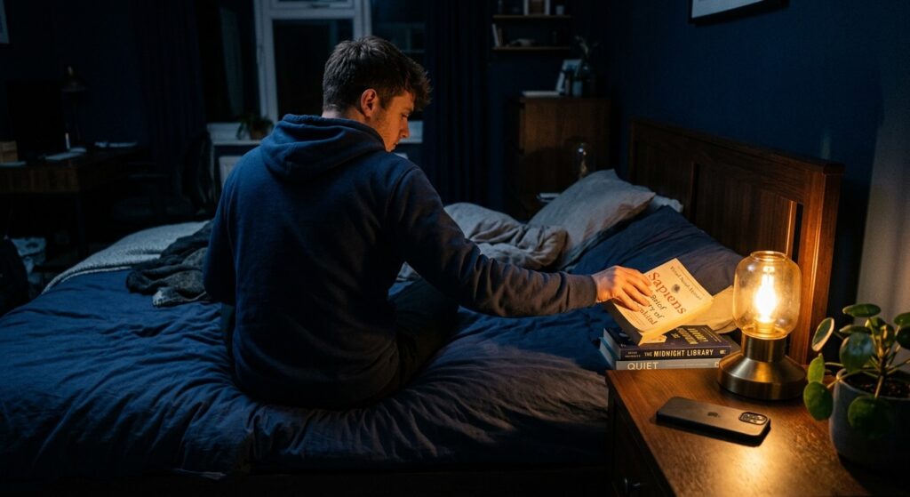 Man choosing to read a book instead of scrolling his phone at night, replacing a bad habit with a better routine