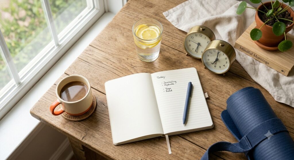 : Flat-lay of a simple morning routine setup with journal, water, and clock for building self-improvement habits
