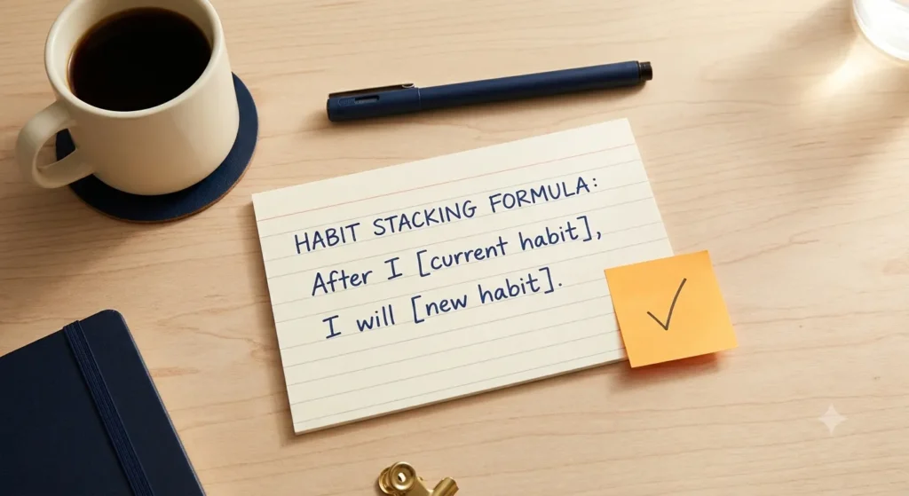 Handwritten habit stacking formula card showing an example pairing of an old habit with a new one