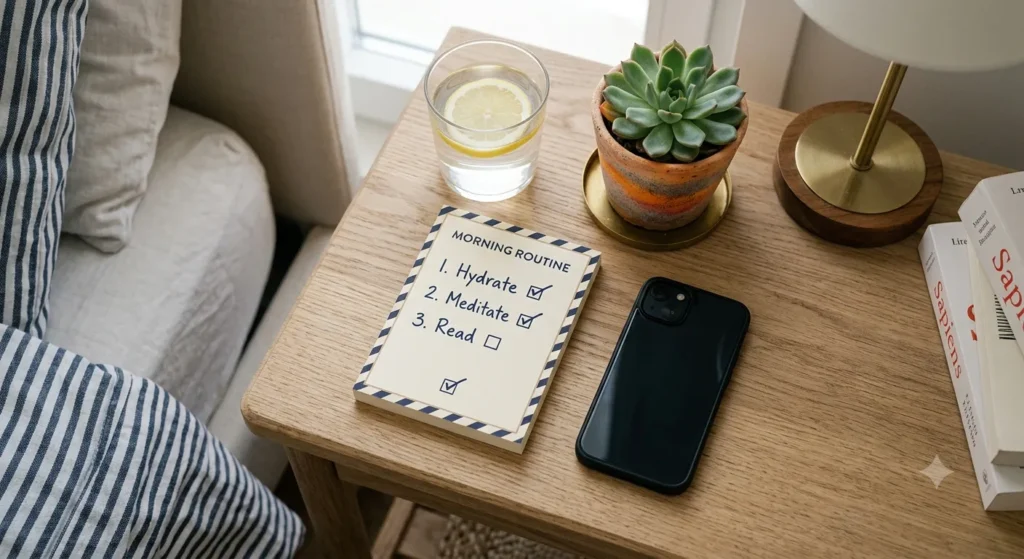 Simple three-item morning routine checklist for self-improvement with two habits already checked off