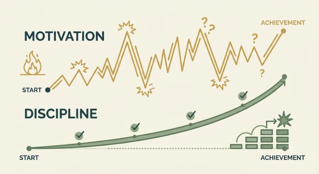 Comparison illustration showing motivation as an unpredictable line and discipline as a steady rising line