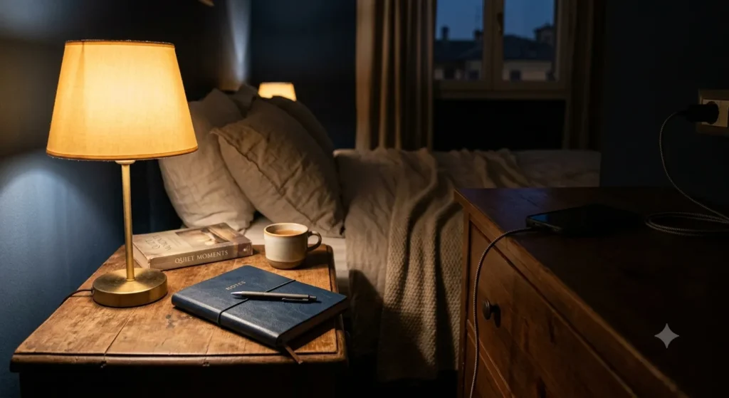 Bedside table with dimmed lamp and journal, phone charging away from the bed as part of a night routine for personal growth