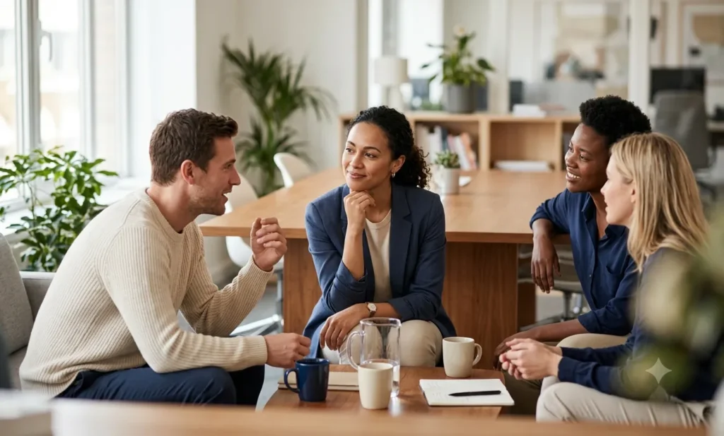 Coworker listening attentively in a group conversation, illustrating a sign of high emotional intelligence