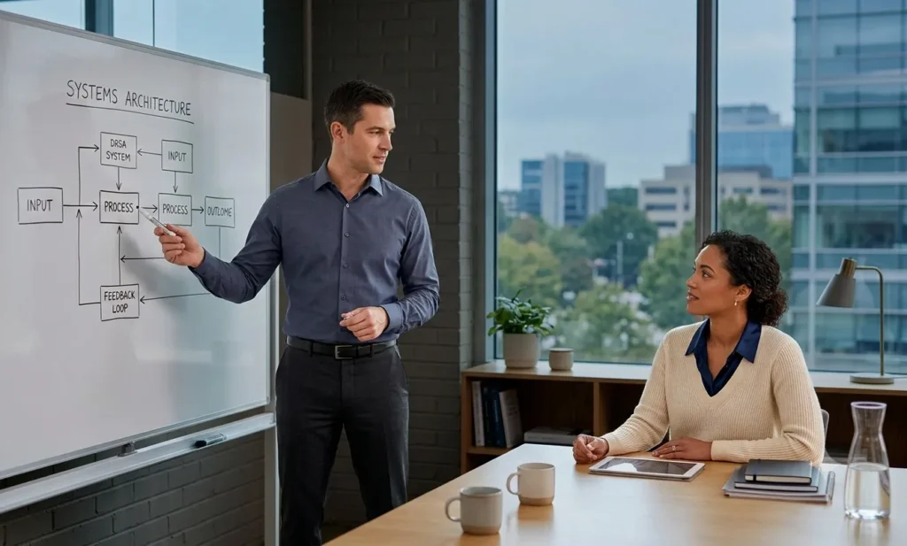 Two professionals combining analytical thinking and interpersonal awareness, illustrating IQ and EQ working