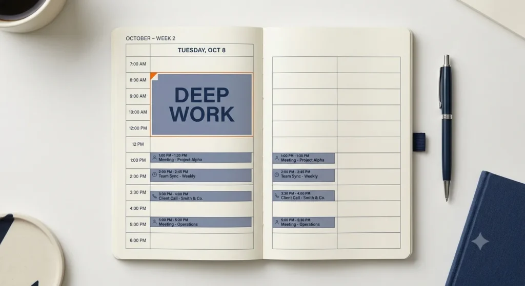 : Calendar showing a protected deep work block in the morning, a core productivity habit of highly successful people