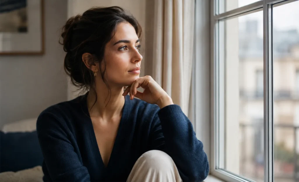 Woman in quiet reflection, illustrating self awareness, one of the five components of emotional intelligence