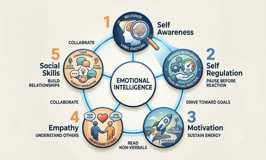 Illustration showing the five components of emotional intelligence connected around a central hub