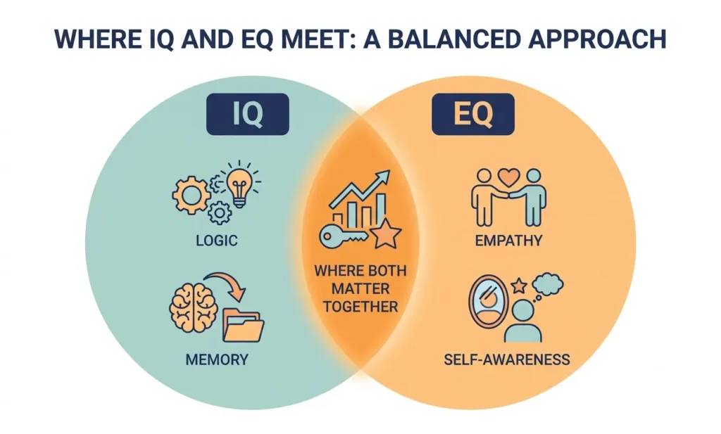 Venn diagram illustration comparing IQ and EQ, showing where cognitive and emotional intelligence overlap