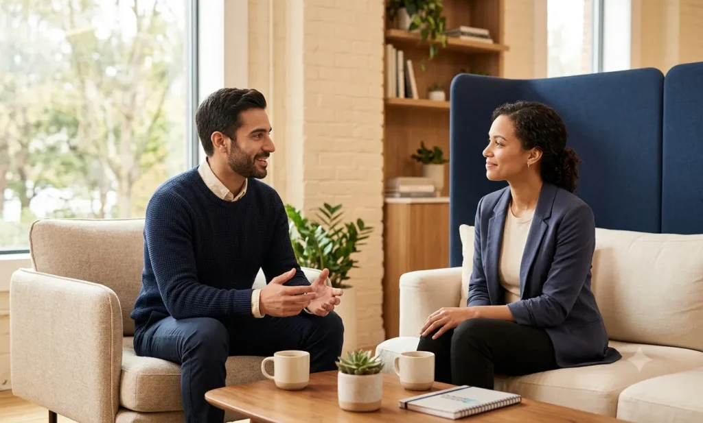 Two coworkers having an attentive, empathetic conversation, illustrating emotional intelligence in action